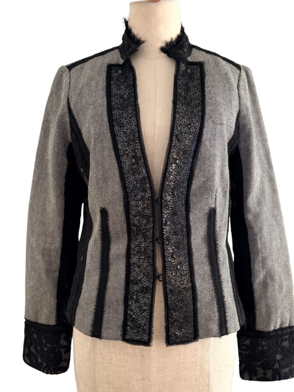 Y2k VTG Women's Black & Gray Herringbone Sequin Trim Tailored Wool Jacket Lace 2
